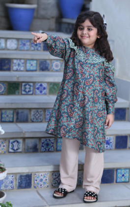 Dark Green Printed Cambric Girls Kurti